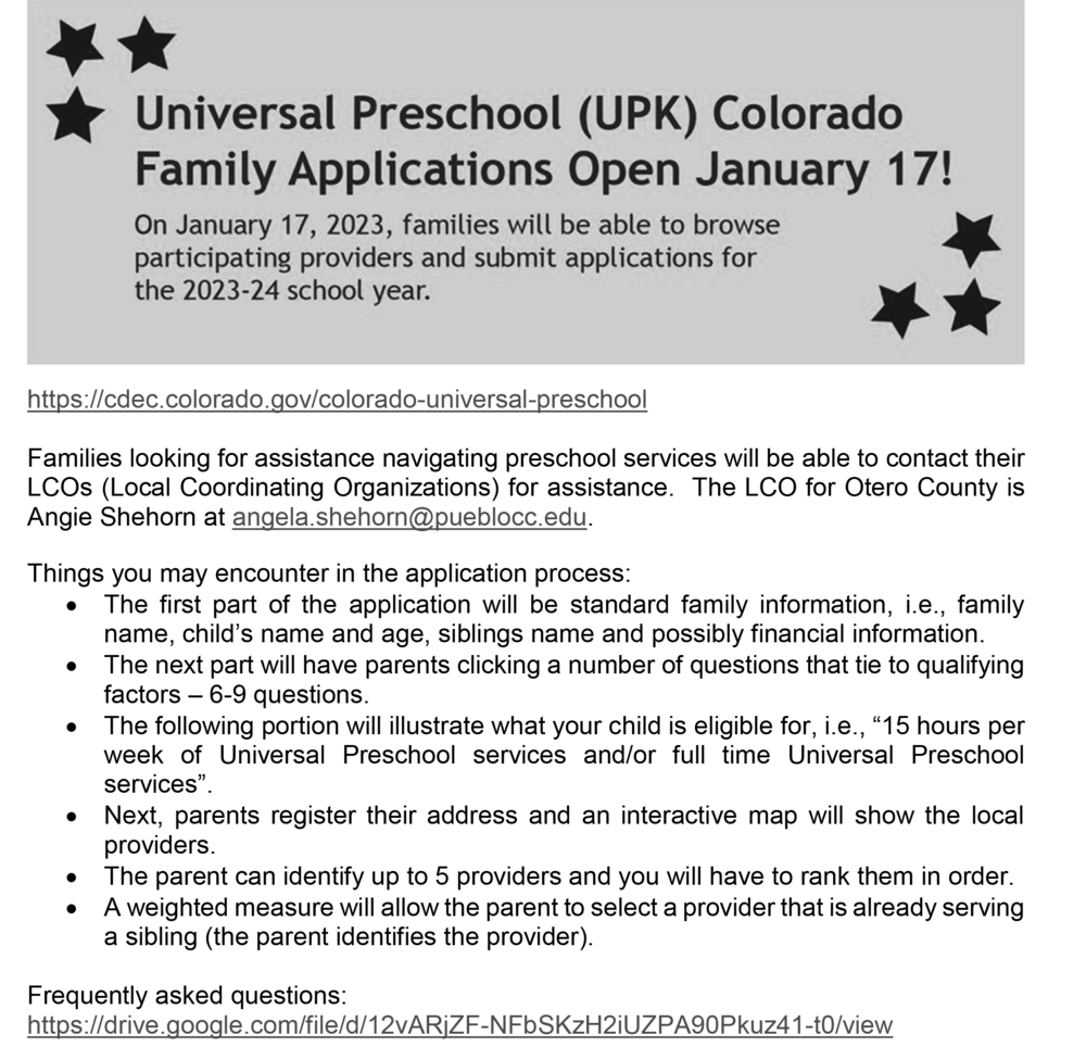 Universal Preschool (UPK) Colorado Family Appl