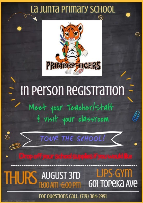 All students K-2 must be registered for the 2023-2024 school year before they can start attending.  There is mandatory paperwork parents/guardians need to fill out at registration so please stop by on registration day, August 3rd. You can do the registration online which will save you time! For help with your Parent Portal please contact Dee at (719)384-6906. New Student Documentation is required - Birth Certificate, Proof of Residency, Immunization Records, and any Legal Paperwork the School would need to have on file.